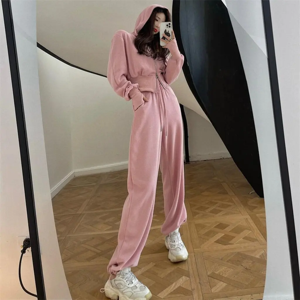 

Women's Early Autumn Sports Style Double-Headed Zipper Hooded Sweater And Drawstring Ankle-Tied Pants Two-Piece Set Casual Suit