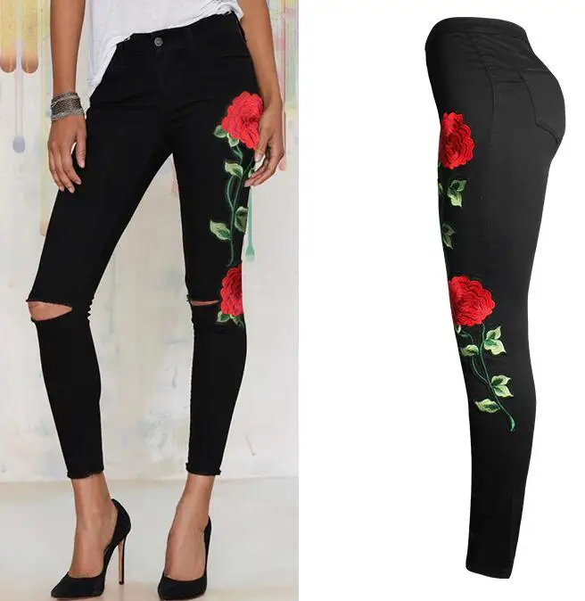 

Women's Tight Pencil Pants, Denim Leggings, Rose Embroidered High Waisted Holes Jeans