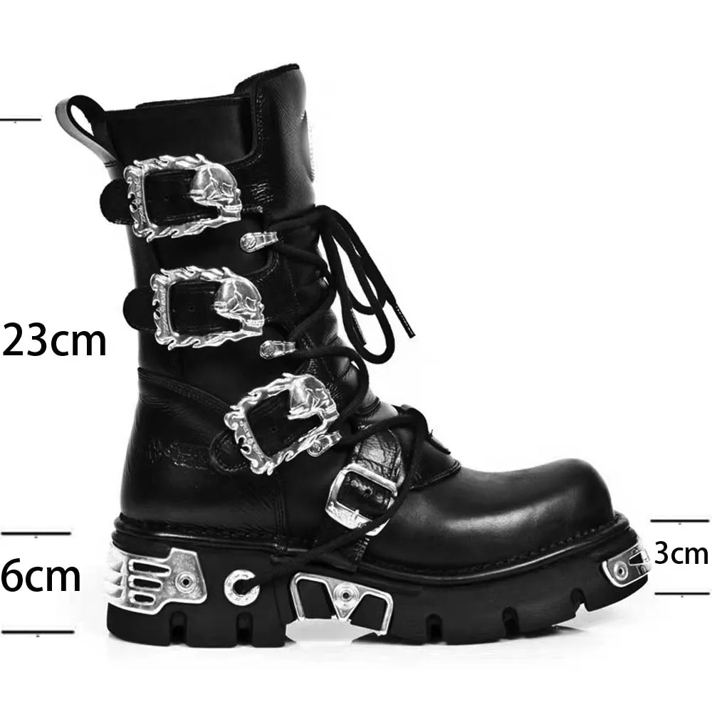 Men\'s Fashion Genuine Leather Motorcycle Boots Gothic Skull Punk Boots New Unisex Mid-calf Cowboy Boots Metallic Combat Boots48