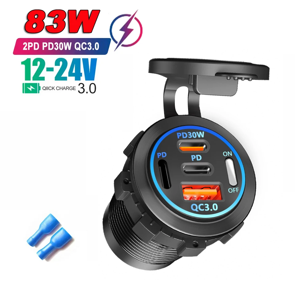 Autoladegerät PD+QC3.0 USB TYPE-C Ladegerät Wasserdichte Steckdose Netzteil Universal 12-24V für Motorrad LKW ATV Boot