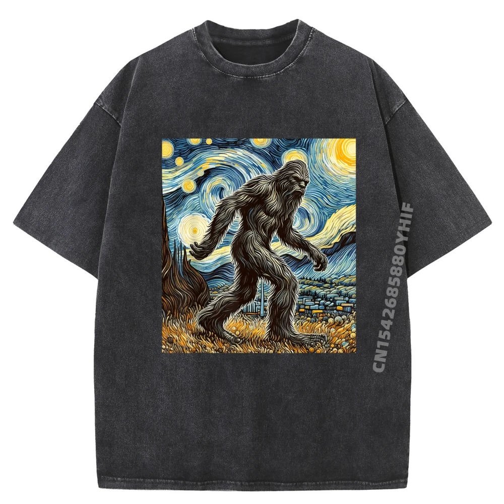 

Funny Bigfoot Starry Night Sasquatch Van Gogh Sky Painting Grey Shirt Graphic Tee Man Washed Clothes Casual Style