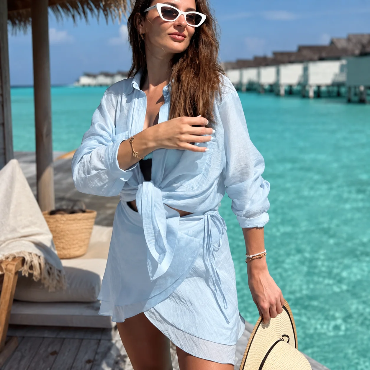 

Linen Cotton Beach Cover Up Dress Swimsuit Summer Adjustable Waist Buttonholes Skirt Yellow White Pink Blue Black