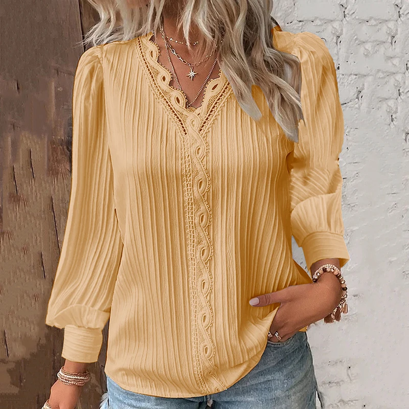 Women Blouse 2023 Spring New Solid V-neck Lace Decoration Hollow Out Design Fashion Elegant Loose Chic Casual Office Lady Blouse
