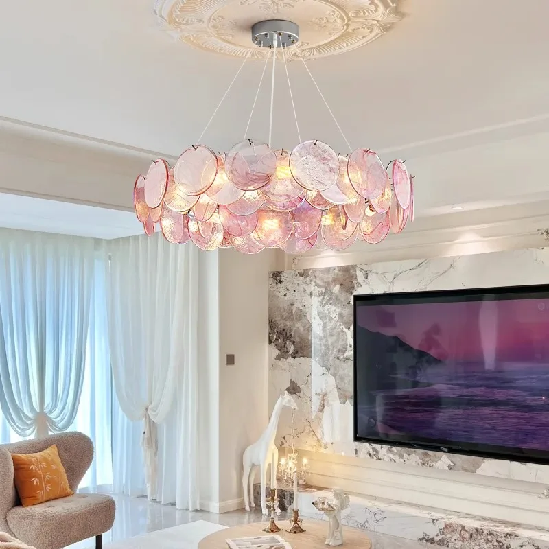 

Modern retro living room main light, pink glass romantic pendant light, bedroom dining room decorative lighting fixtures