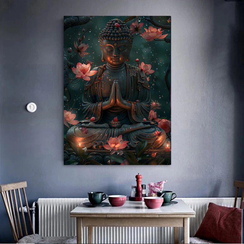 Religious Buddha with Lotus Flowers Wall Art Canvas Painting Buddhism Buddha Sculpture Poster Prints for Living Room Home Decor