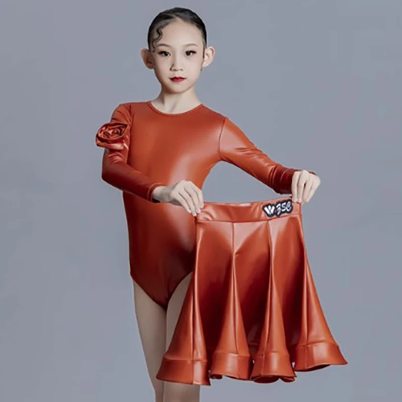 Kids Girls Modern Dance Children‘s Waltz Dance Latex Leather Bodysuit and Skirt Competition Practice Performance Dancewear