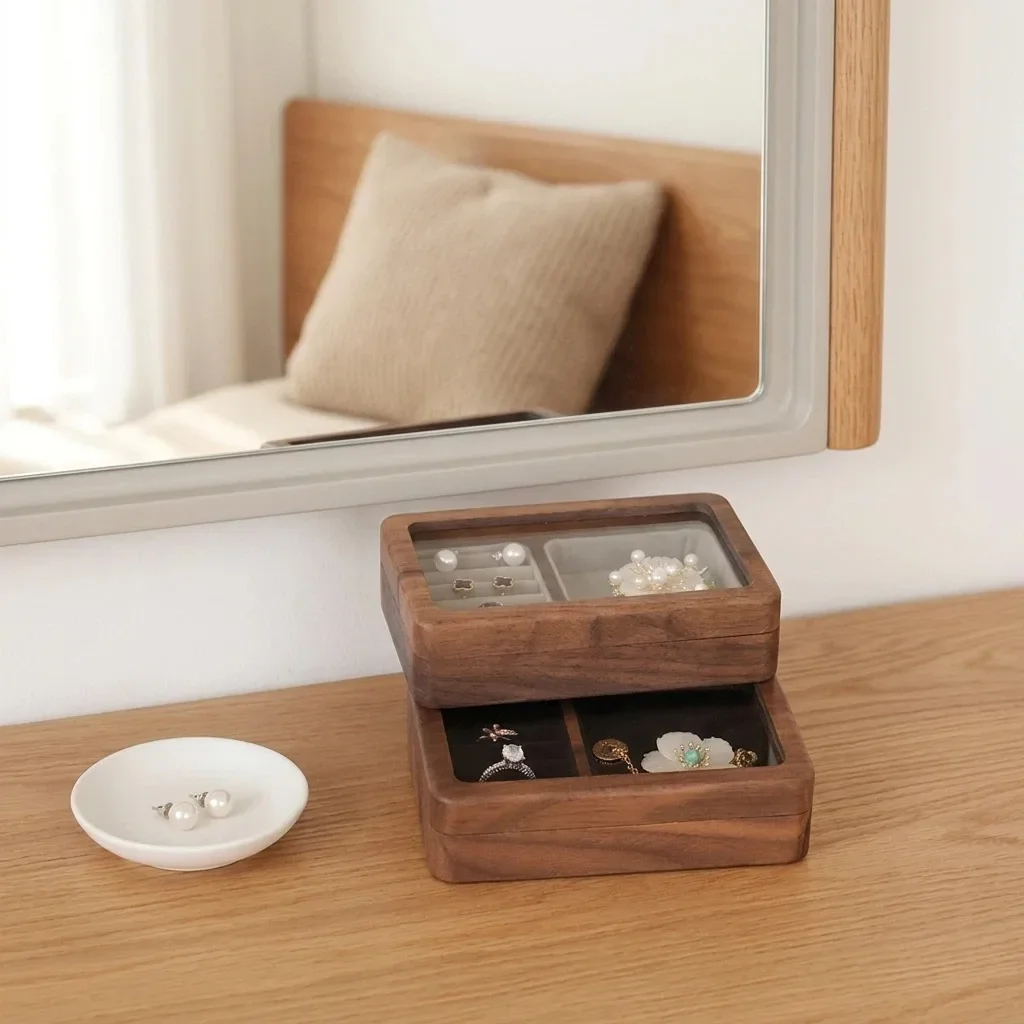 Magnetic Wood Jewelry Organizer,Divided Compartments Clear-lid Box for Rings,Earrings&Necklaces,portable jewelry box for travel