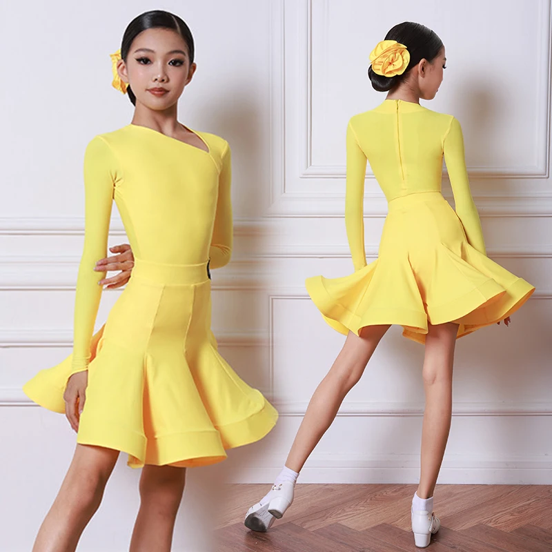 Latin Dance Competition Dress Girls Performance Stage Clothes Long Sleeve Yellow Dance Suit Children Latin Show Clothing AMY2799