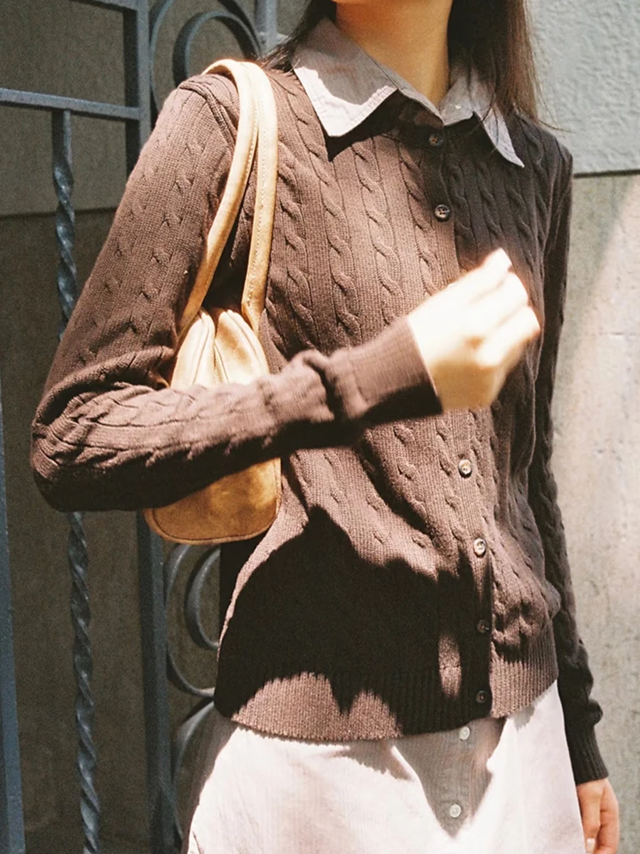 

Twisted Flower Brown Knitted Sweater Cardigan O-Neck Single Breasted Long Sleeve Coat Autumn Vintage Preppy Style New Sweaters