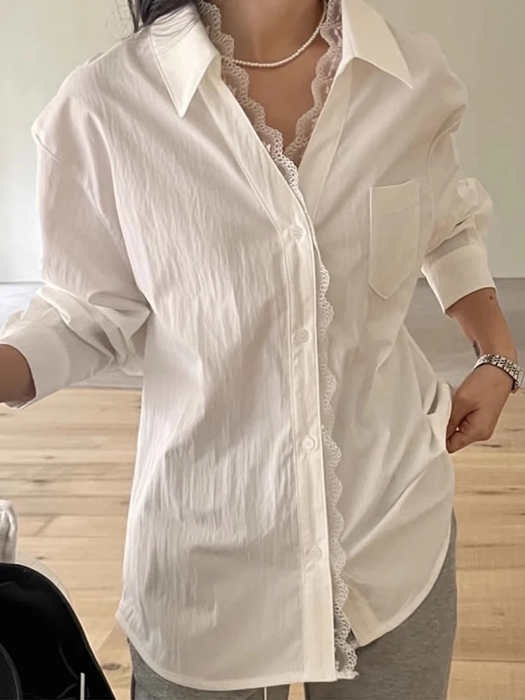 

Gagarich Elegant Korean Chic Spring New Niche Design Lace Stitching Loose Casual Long Sleeved Shirt Top Women