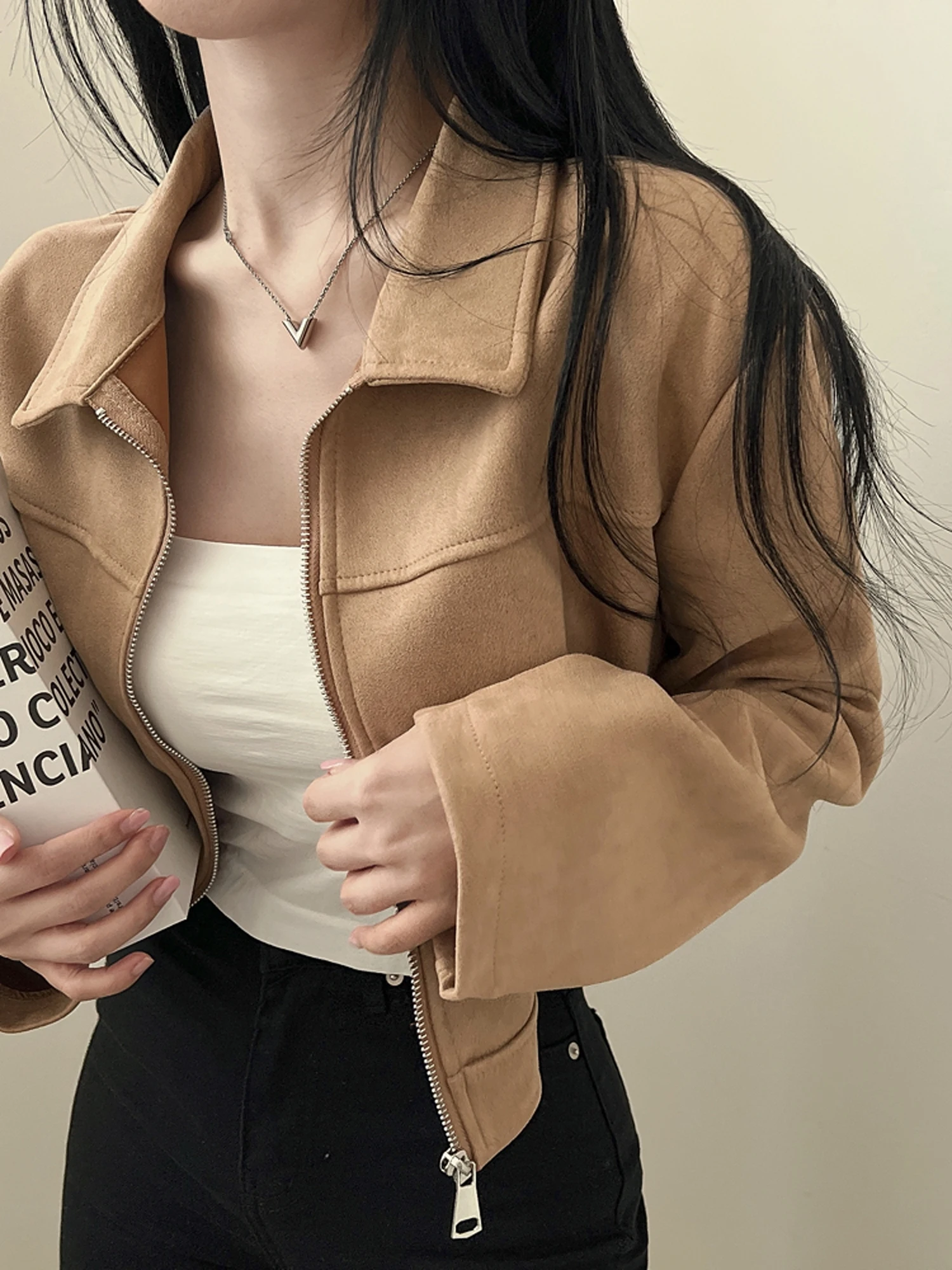 Chic Spring Autumn Retro  Color Slimming Versatile Zipper Collar Suede Jacket Short Outerwear Korean Style Loose Fit Warmth