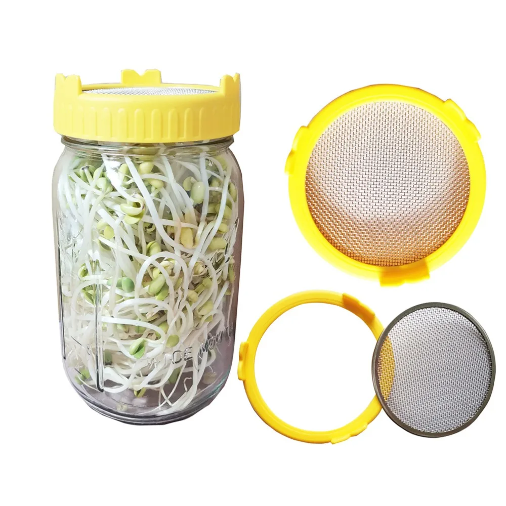 4pcs Plastic Ring Sprouting Lids Stainless Steel Screen Colorful Mason Jar Lids Fine Hole Breathable 86mm Wide Mouth