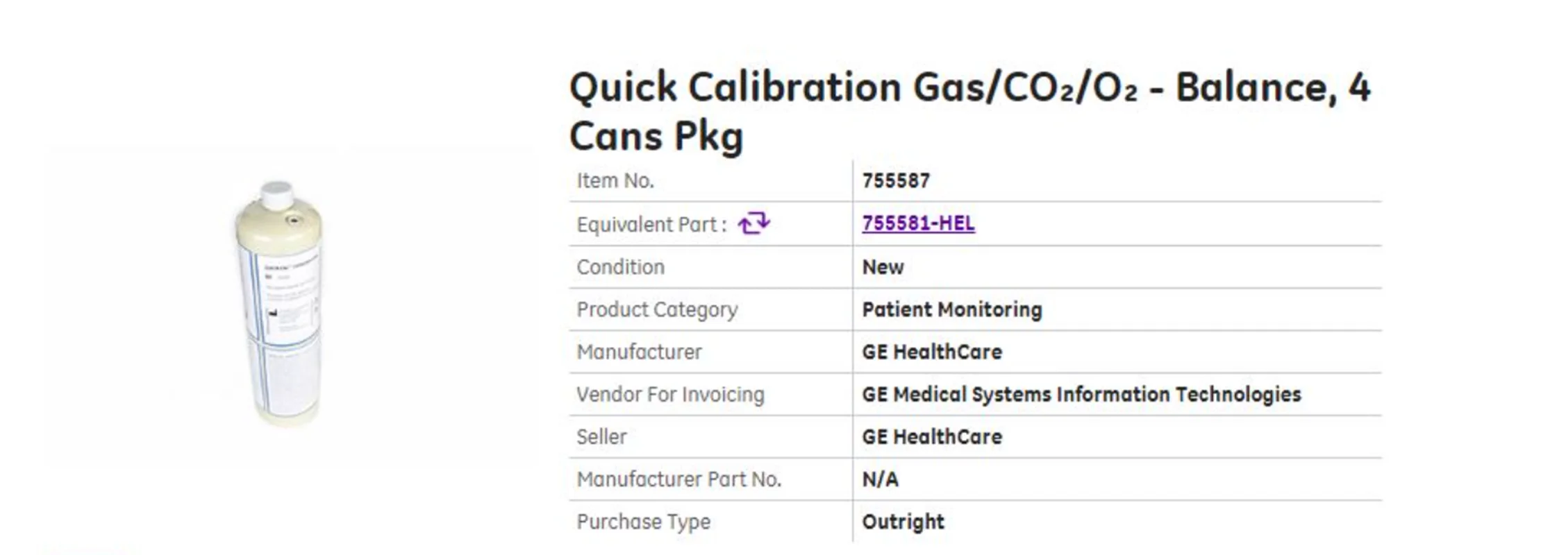 

Быстродействующий калибровочный газ GE/CO2/02-баланс, 4 банки Pkg 755581-HEL