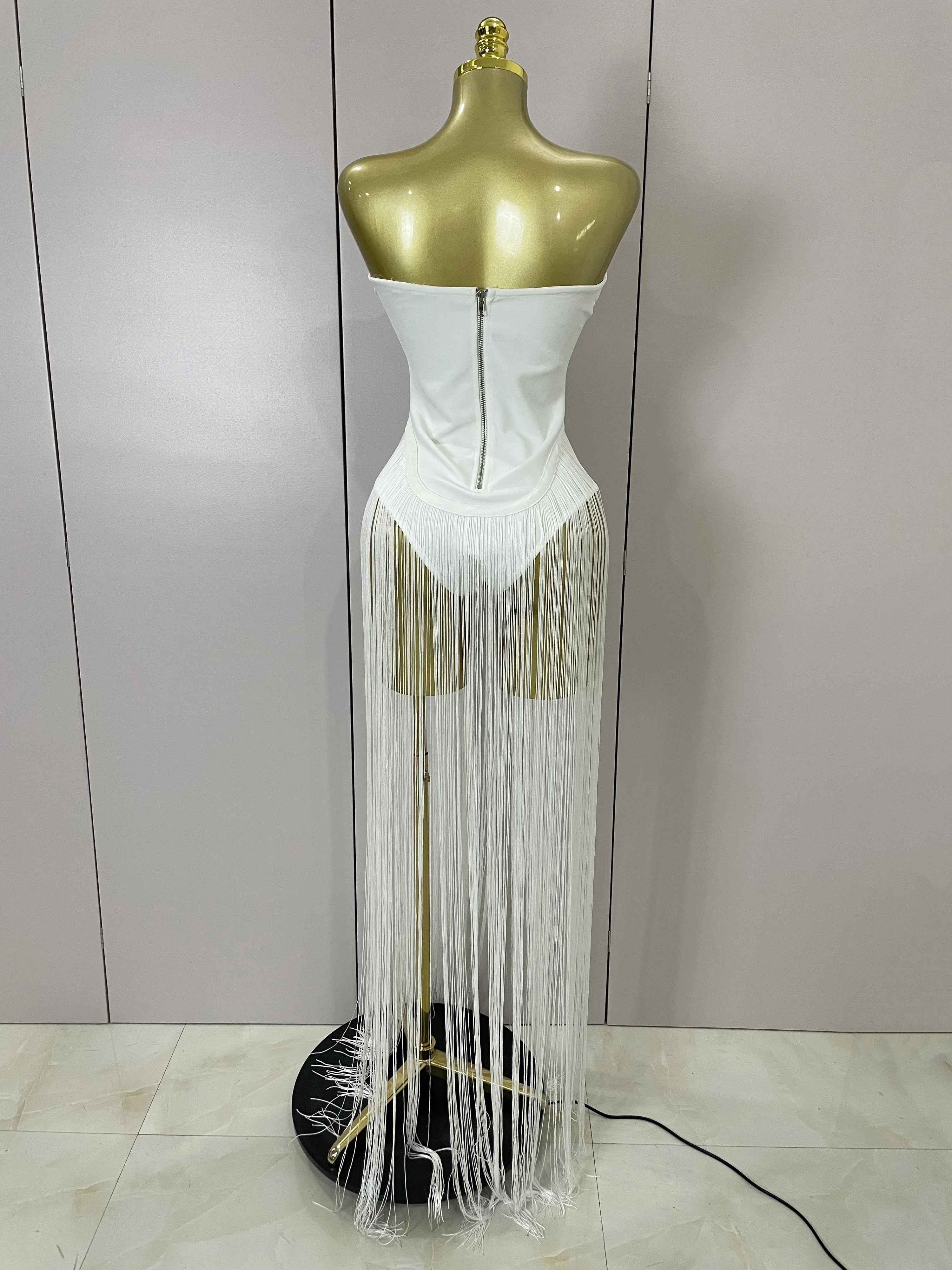 Sexy branco sem alças longo borlas bandagem bodysuit feminino elegante festa de noite luxo aniversário boate cantor palco outfit