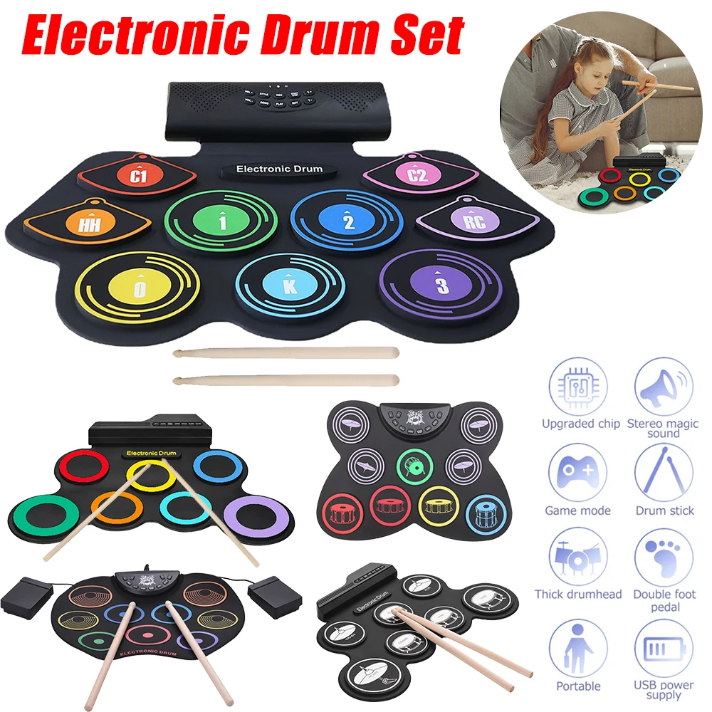 7 Pads / 9 Pads Electronic Roll up Thicken Silicone Drum Electric Drum Kits with Drumsticks and Sustain Pedal