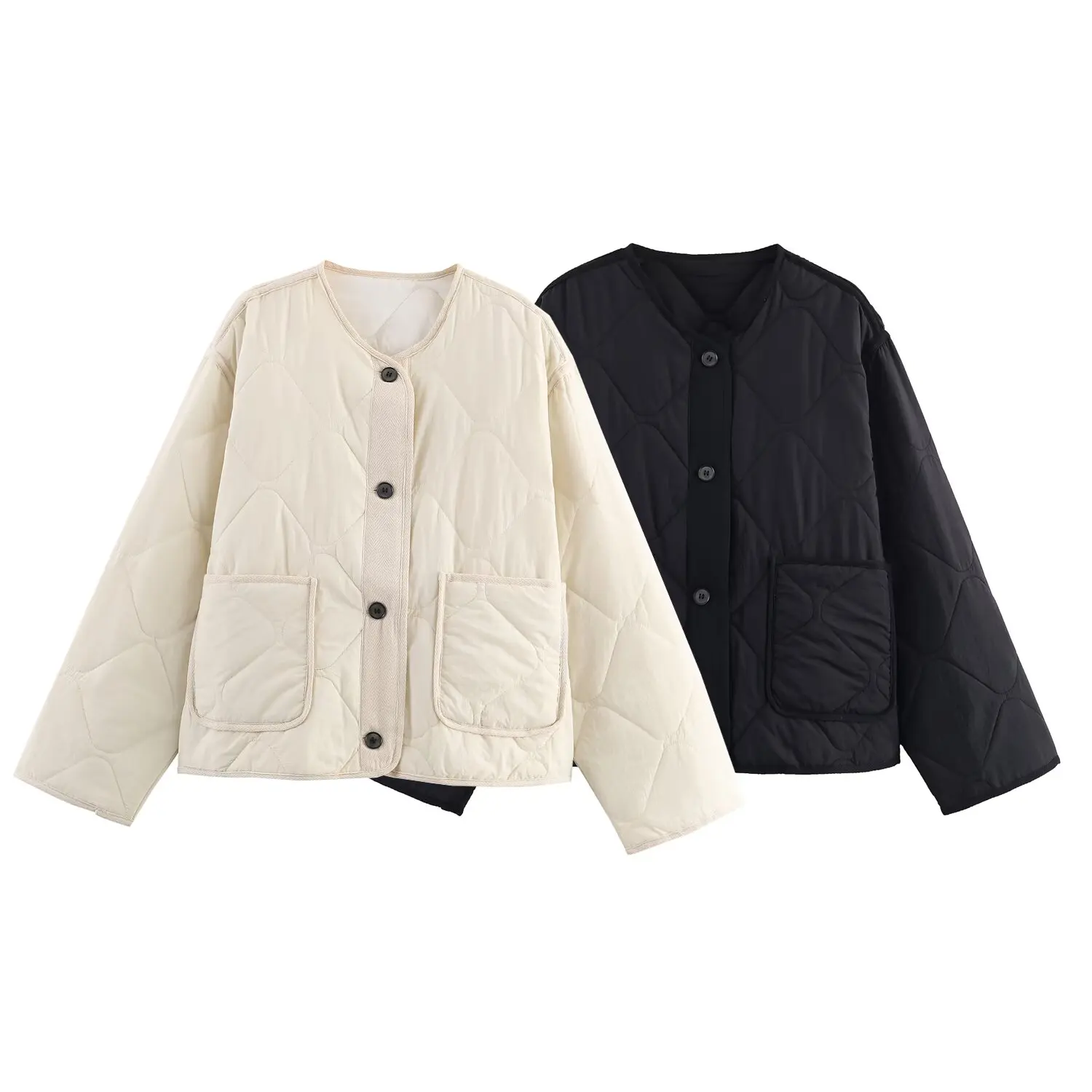 

2025 New Women's Clothing European and American Style Fashion Versatile Diamond Pattern Round Neck Pocket Padded Jacket