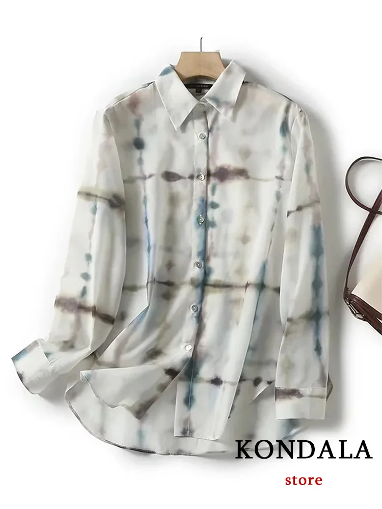 KONDALA Vintage Print Women Blouse Long Sleeve Turn-down Collar Single Breasted Loose Blouse Fashion 2023 Summer Holiday Shirts