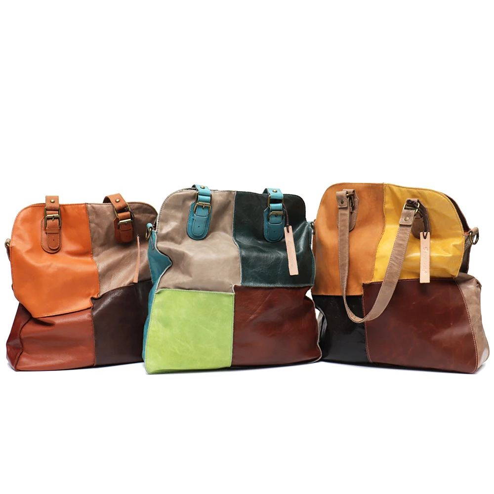 SC Vintage Colorful Genuine Leather Patchwork Shoulder Bag Women Large Casual Laptop Handbag Design Crossbody Shopper Tote Purse