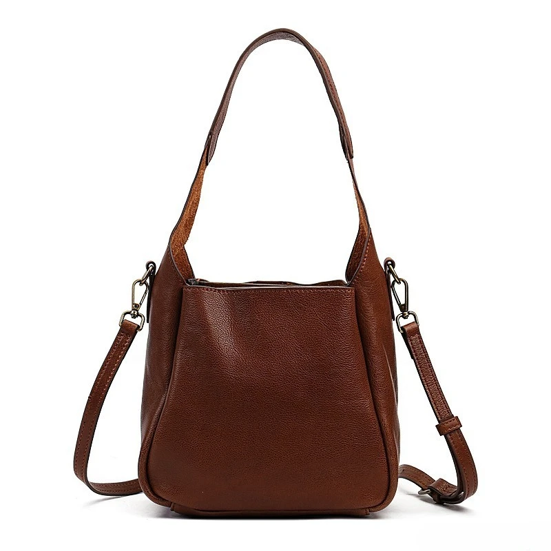 Vintage Solid Color Work Shoulder Bag for WomenGenuine Leather Adjustable Convertible Crossbody Strap Luxury Handbag
