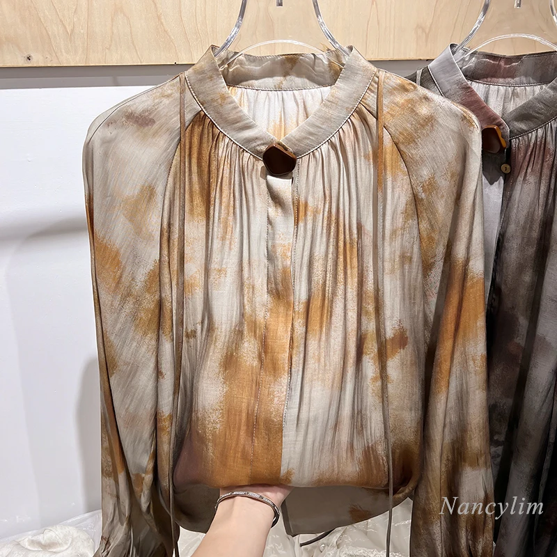 

2024 New Retro Stand-up Collar Tie-dye Single-breasted Long-sleeved Shirt Women's Autumn Top Elegant All-Matching Blouse Blusas