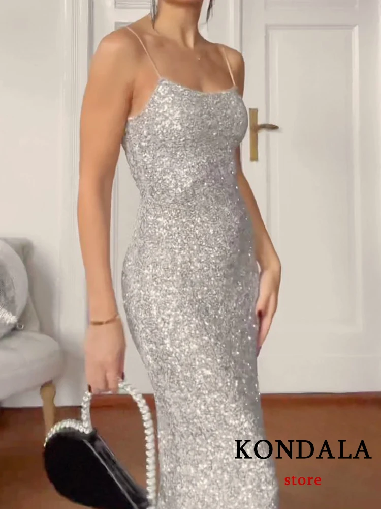 KONDALA Sexy Chic Women Party Dress Sequined Front Split Sleeveless Straight Vestidos Fashion 2024 Evening Club Shiny Dress