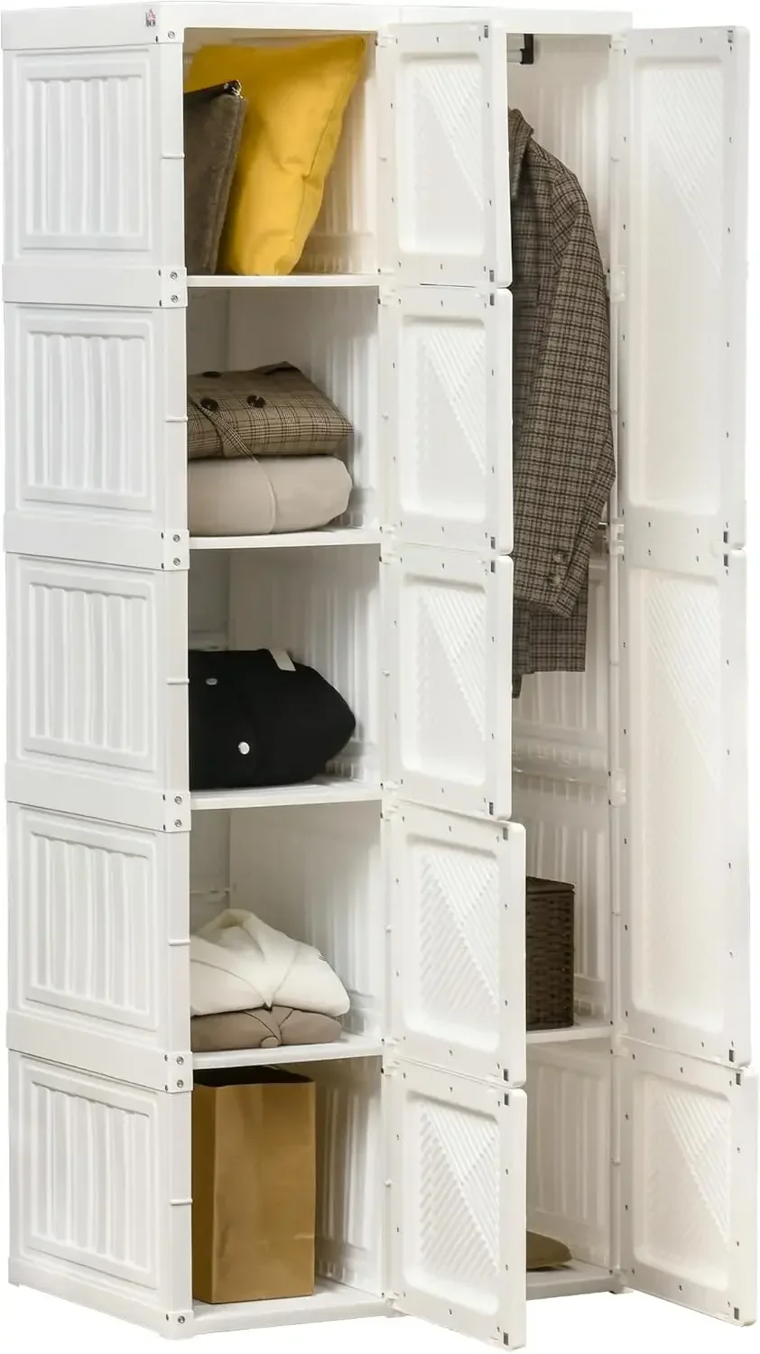 

Portable Wardrobe Closet, Folding Clothes Storage Organizer with 6 Cube Compartments, Hanging Rod, 8 Magnet Doors, White