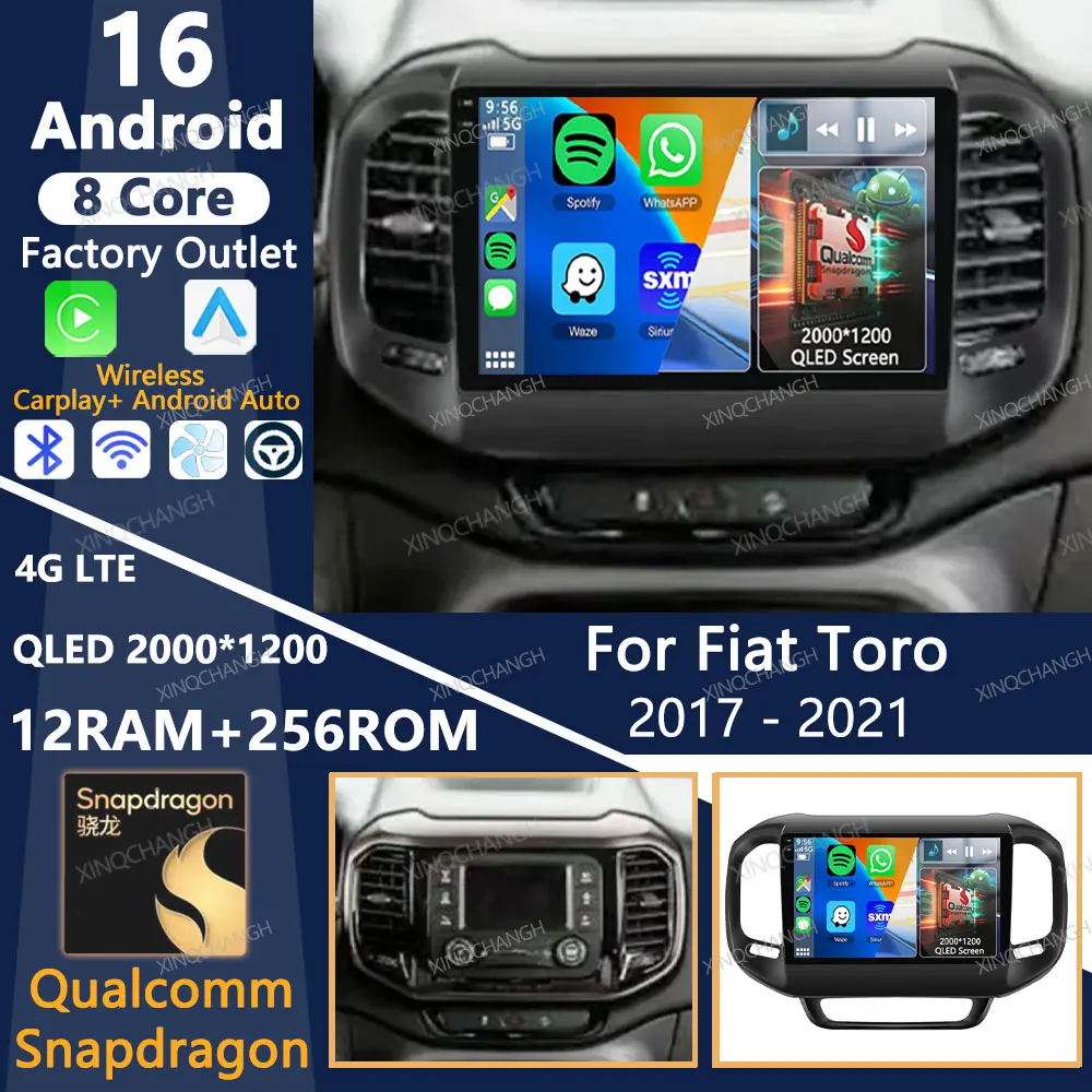 Rádio Automotivo Android 16 para Fiat Toro 2017 2018 2019 2020 2021 Central Multimídia com Carplay, GPS, Bluetooth, Reprodutor de Vídeo, 4G LTE, 5G WIFI