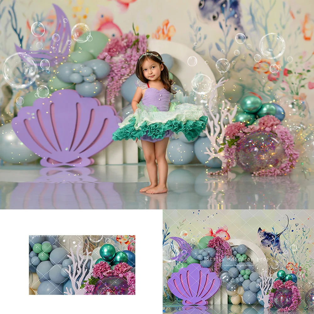 Deep Sea Wonders Cake Smash Mermaid Theme Backdrops Kids Girl Cake Smash Photography Props Undersea Backgrounds