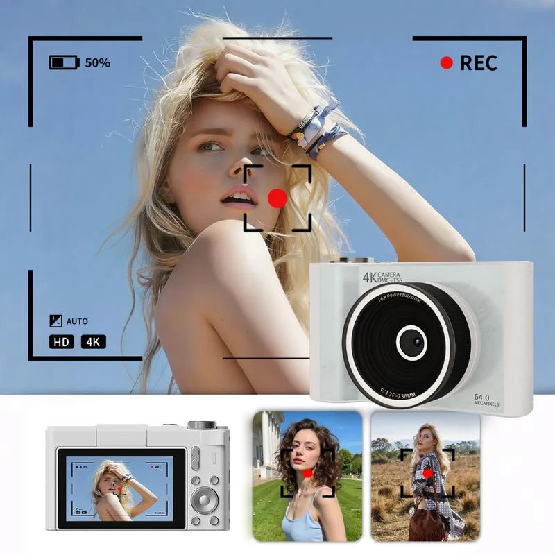 4K Digital Camera Mini Self Timer CCD 16X Digital Zoom Portable Foldable Screen with 32GB Card Anti-Shake Camera Christmas Gift