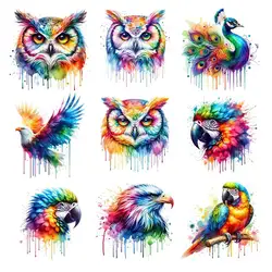 Pegatinas de transferencia de calor lavables para camisetas, 28cm, arcoíris fino, pájaros, águila, loro, búho, planchado, DIY