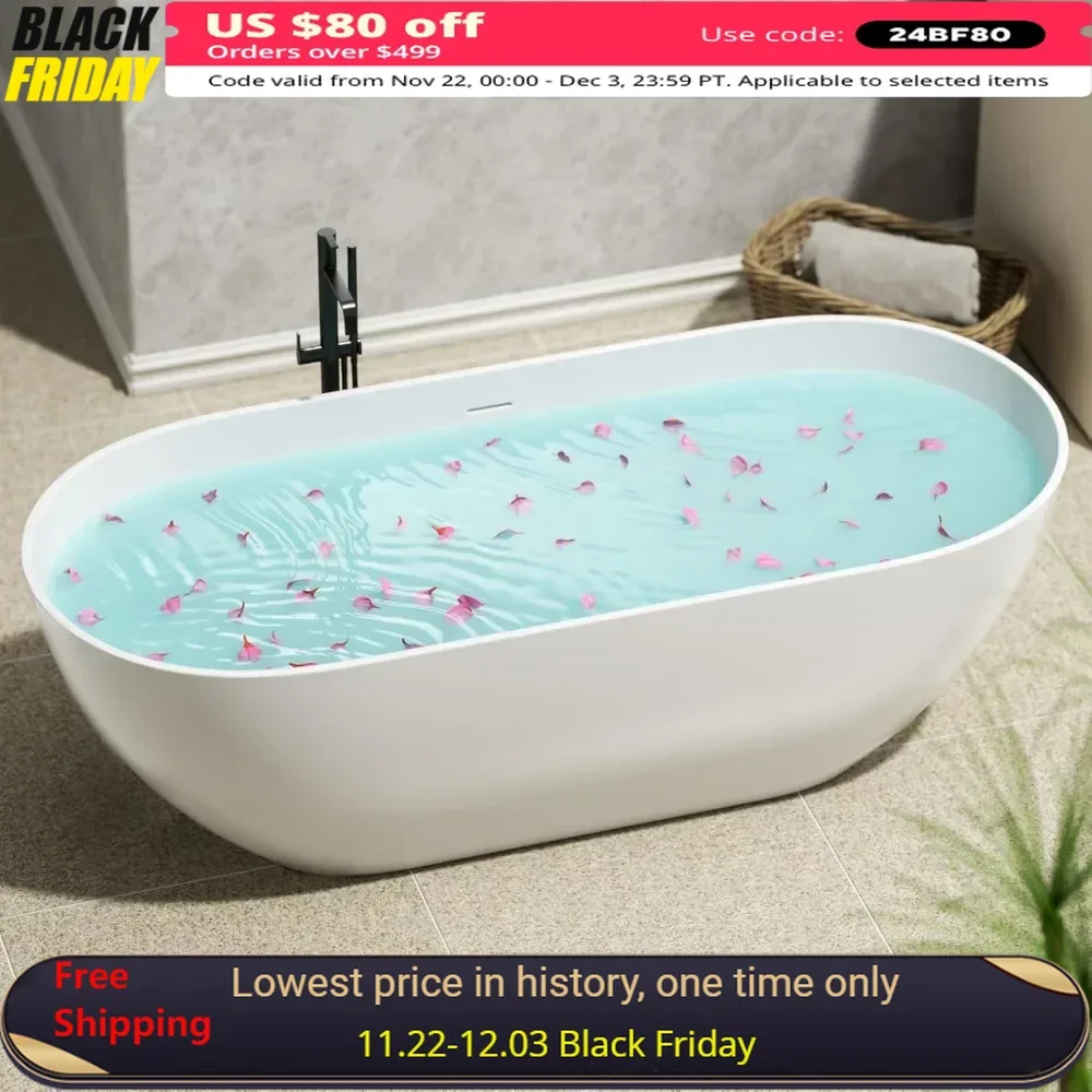 Bathtub, 59 in, Oval Solid Surface,Freestanding Soaking Tub with Integrated Slotted Overflow and Drain,Bathroom Freestanding Tub