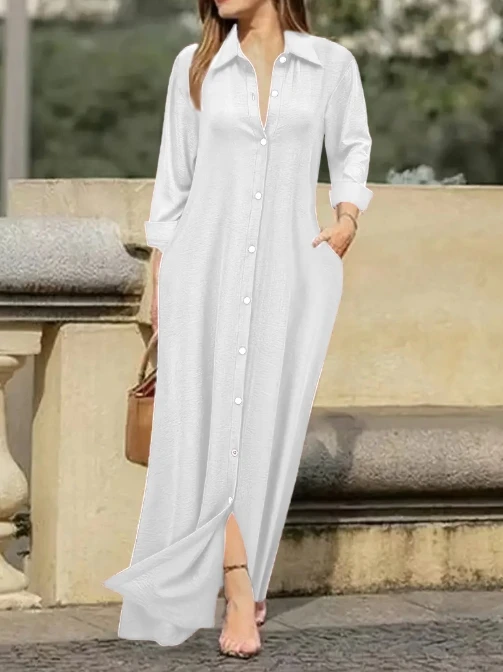 Elegant and fashionable solid color button lapel long shirt dress for women, autumn/winter 2025 new item