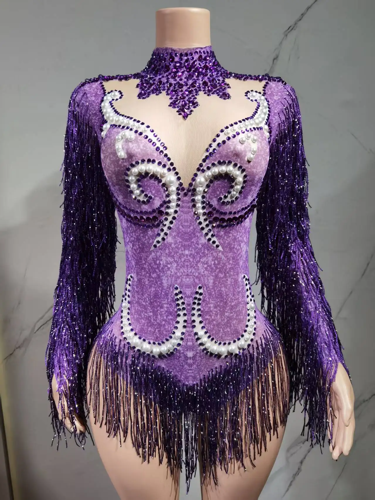 Luxury Gray Fringe Silver Rhinestones Pearls Transparent Bodysuit Women Dance S… - Image 3