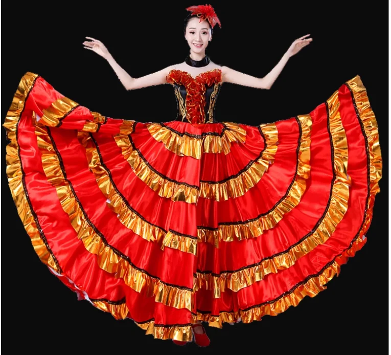 Kostium do tańca corrido hiszpańskiego dla dorosłych, otwarty, z dużą spódnicą, czerwony.