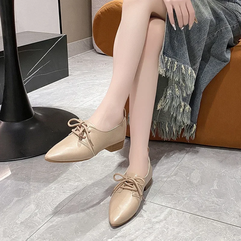 New Pointed Toe Lacing Square Heel Small Leather Shoes Women's Elegant Fashion High Heels Dress Shoes Plus Size Zapatos De Mujer