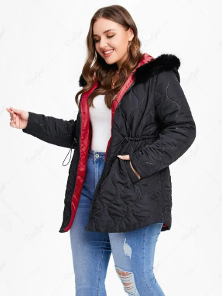 Plus Size Faux Fur Panel Elastic Waisted Hooded Quilted Jacket 2023 New Winter Down Coat Unisex Fur Collar Hooded Park Coat