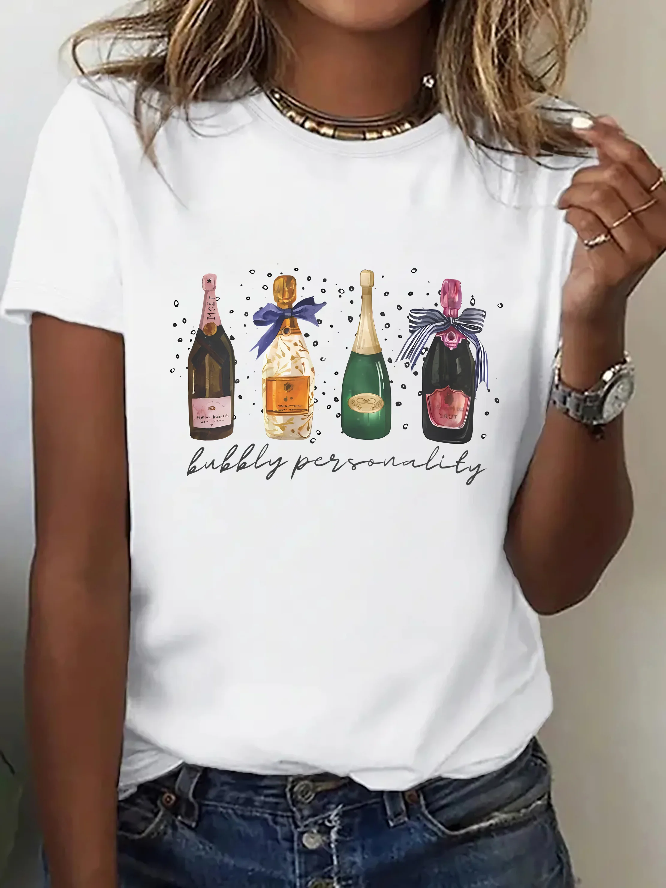 

Женская модная футболка с мультяшным принтом цвета шампанского — повседневная эстетичная одежда в стиле Харадзюку с короткими рукавами «Bubbly Personality»