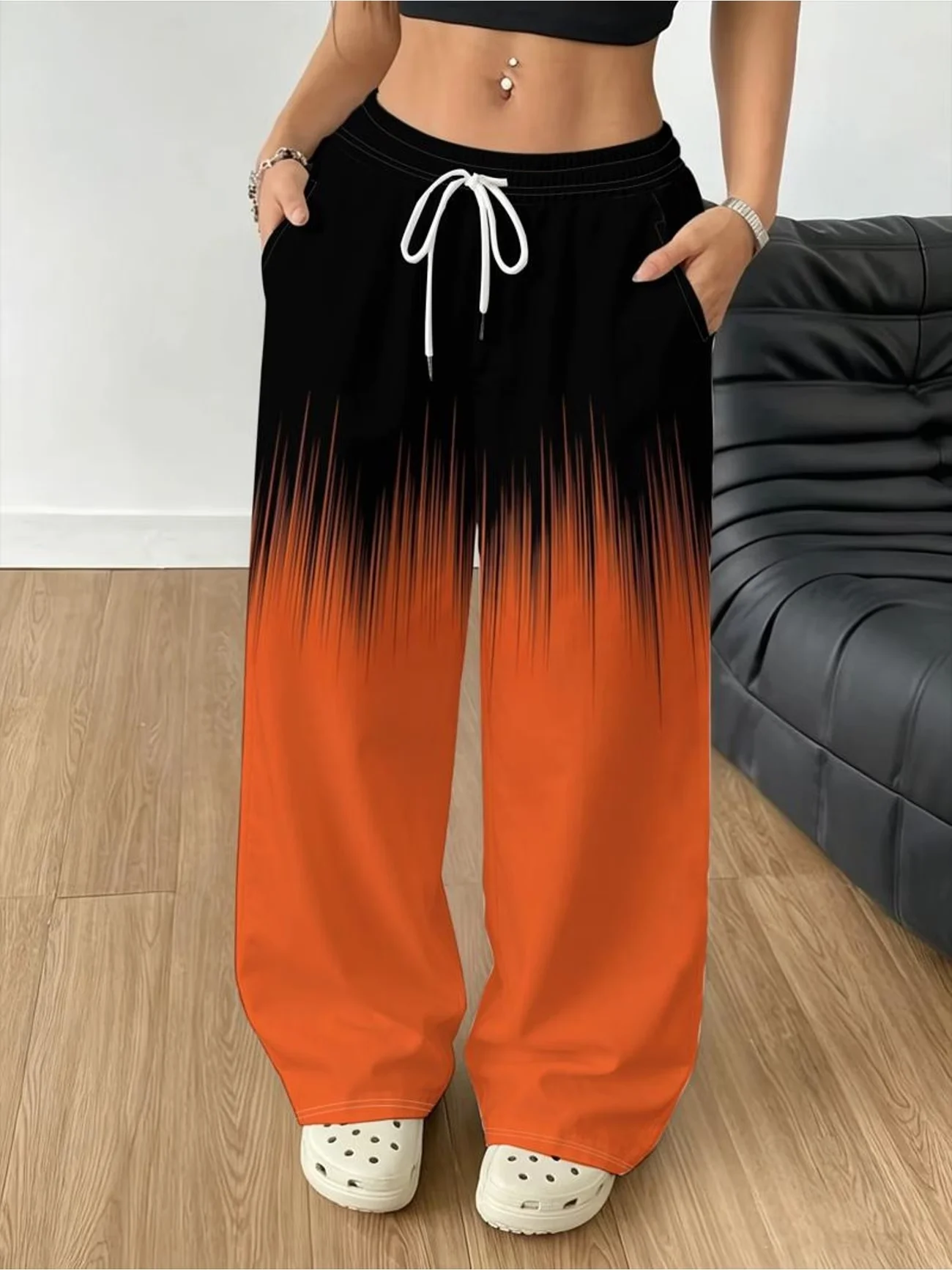 Women's pants, 3D gradient striped starry sky print retro pants, retro elegant drawstring pocket casual loose pants
