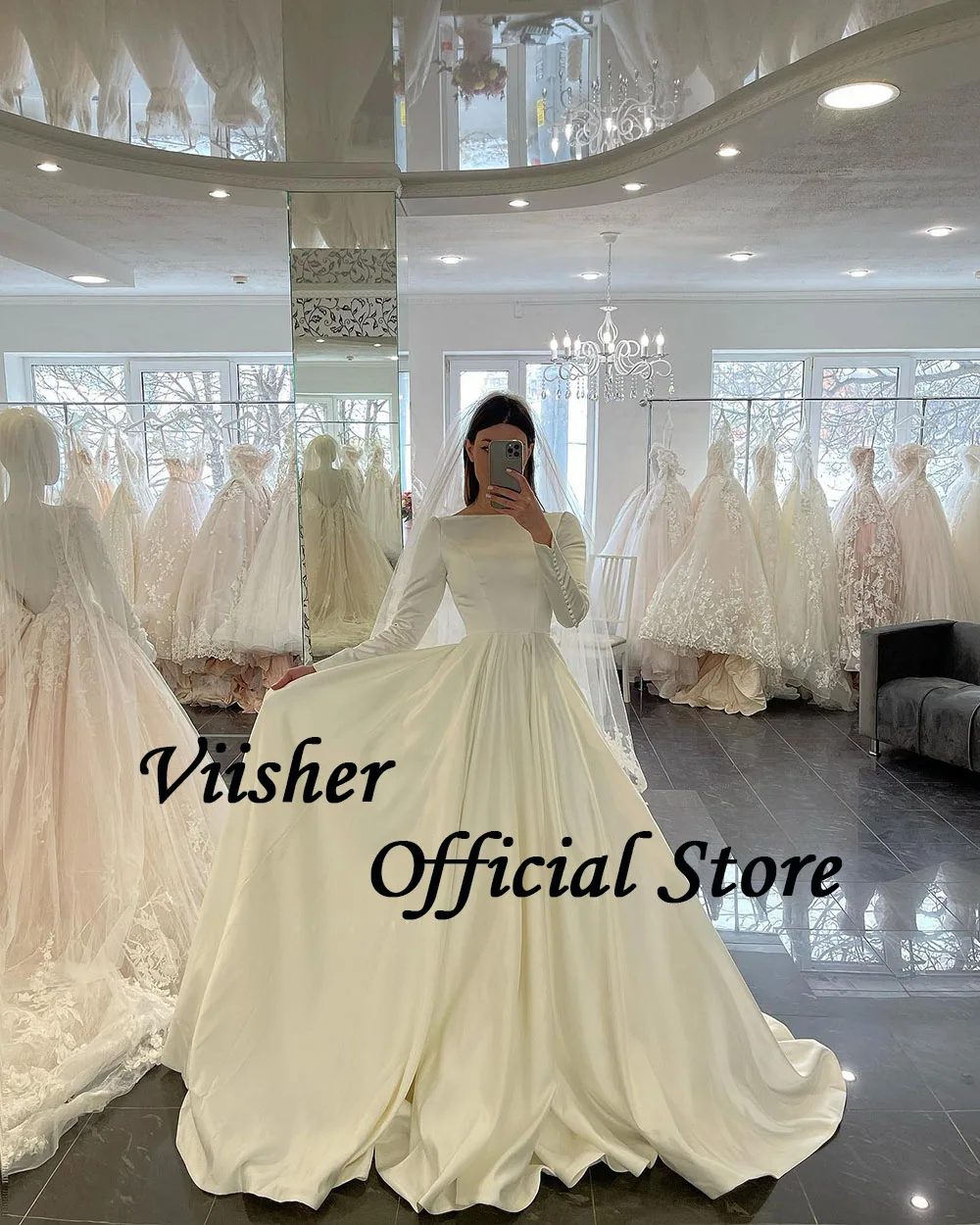 Visher weiß Satin elegante Brautkleider für Braut Langarm o Hals muslimischen Dubai Brautkleider mit Zug