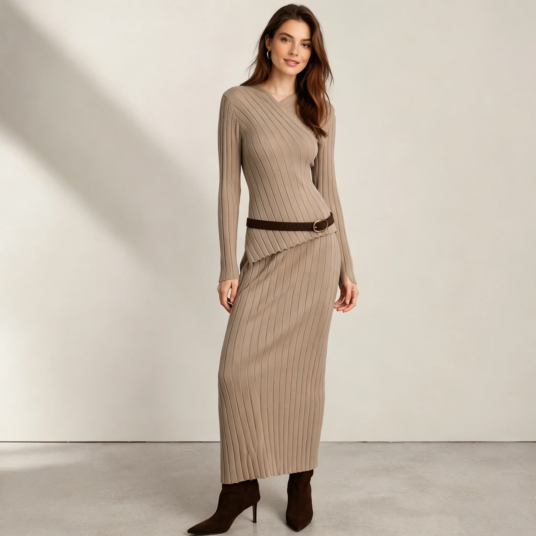 

CiCi Women Vertical Ribbed Knit Maxi Dress 2026 Spring Summer V Neck Long Sleeve Asymmetrical Hem Belted Slim Fitted Dress