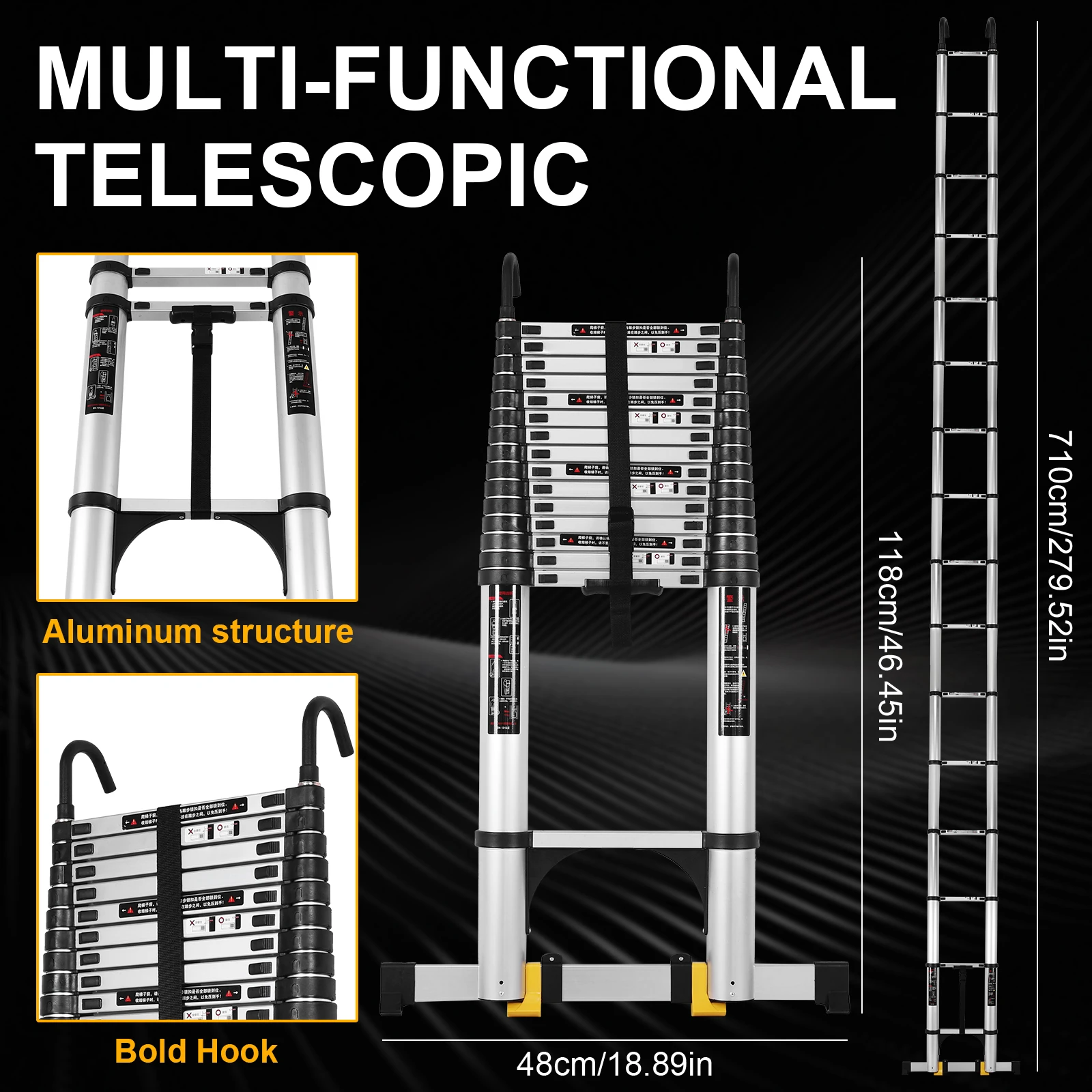 Aluminum 7.1m Telescoping Attic Ladder W/2 Triangle Stabilizer Collapsible Adjustable Telescopic Ladder for RV Home Outdoor Work