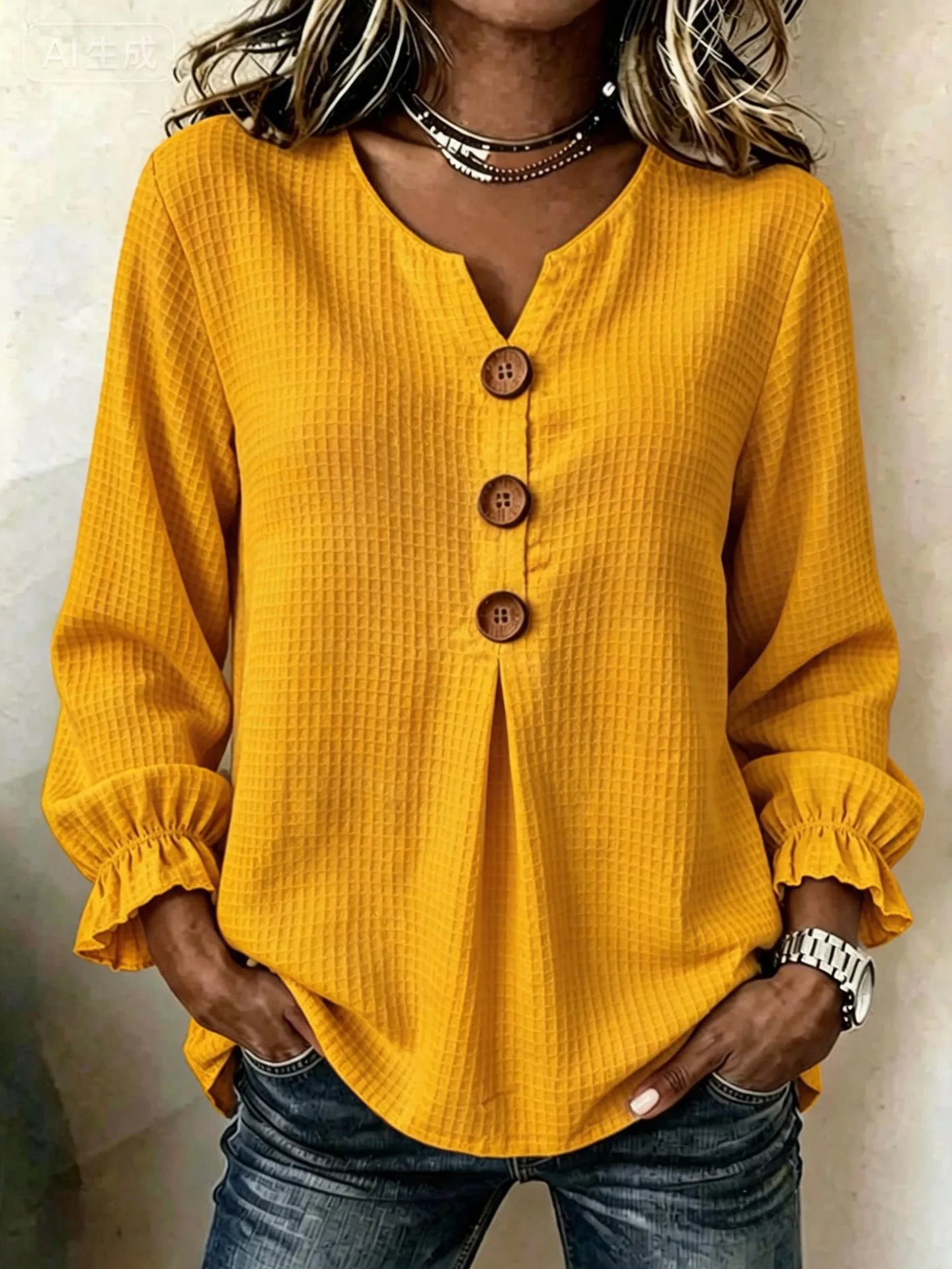 MsChuh Long Sleeved Top For Women Autumn New Waffle Solid Color With Loose And Comfortable Ruffle Sleeves Slimming Casual Tops 4