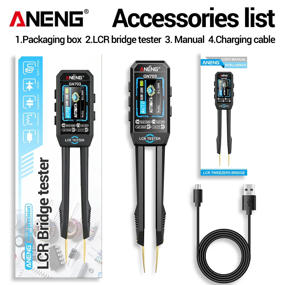 Draagbare ANENG GN703 Handheld LCR-meter Multifrequentie Diode Continuïteit Beep Oplaadbare SMD Component Inspectie Instrument