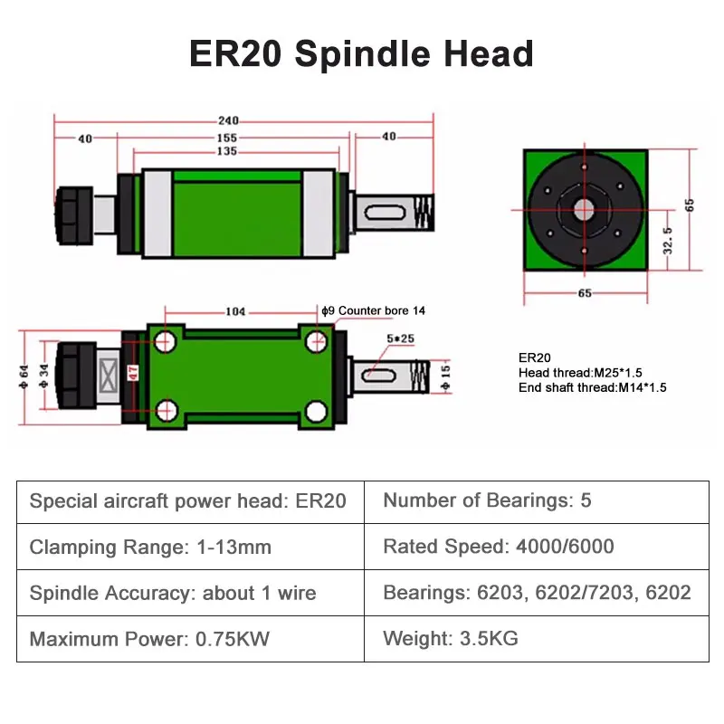 1pc ER20/25/32 Spindle Collet Power Head Machine Tool Spindle Head For Boring Milling Drilling High Speed Waterproof