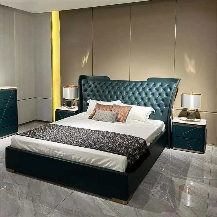 New Design Light Luxury Pure Leather king Size Bed Home Hotel Bedroom Furniture Blue Cowhide Leather Master Bed