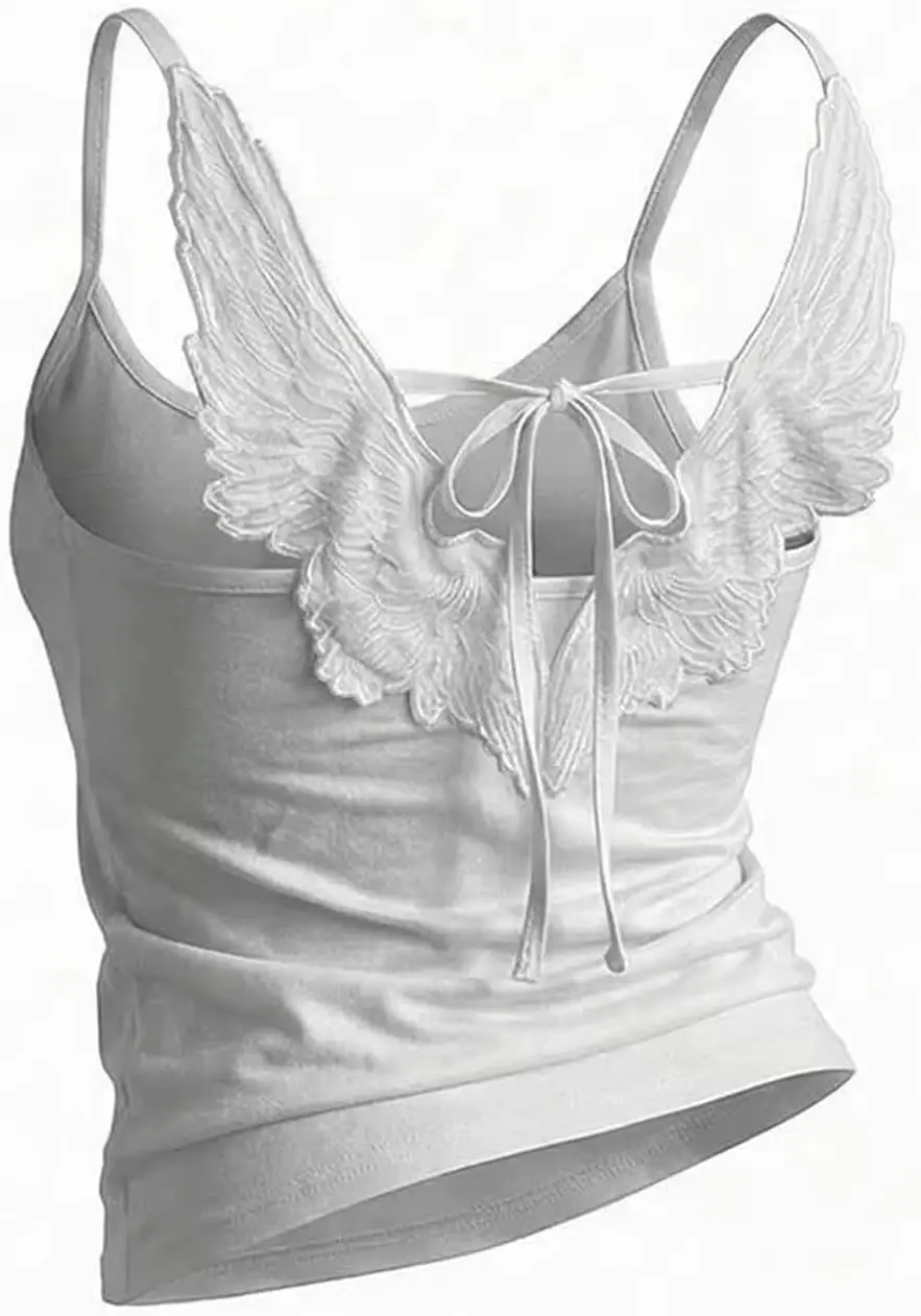 

Women Y2K Wing Embroidery Tank Top Lace Up Back Spaghetti Strap Cami Shirt Slim Fit Streetwear