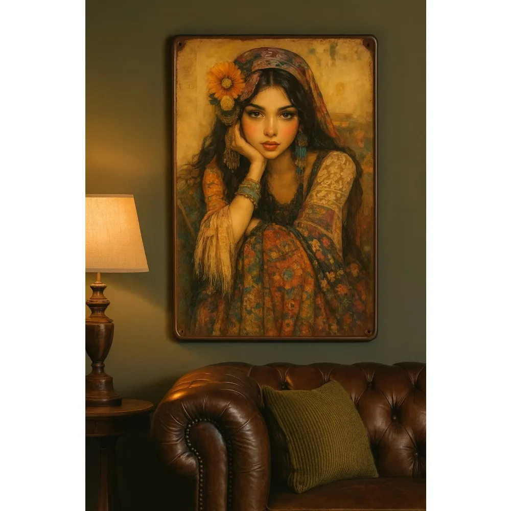2D Flat, [2D Flat]Vintage Sign Featuring A Bohemian Gypsy Woman In A Floral Dress And Headscarf, Perfect for Bedroom Decor, Wall