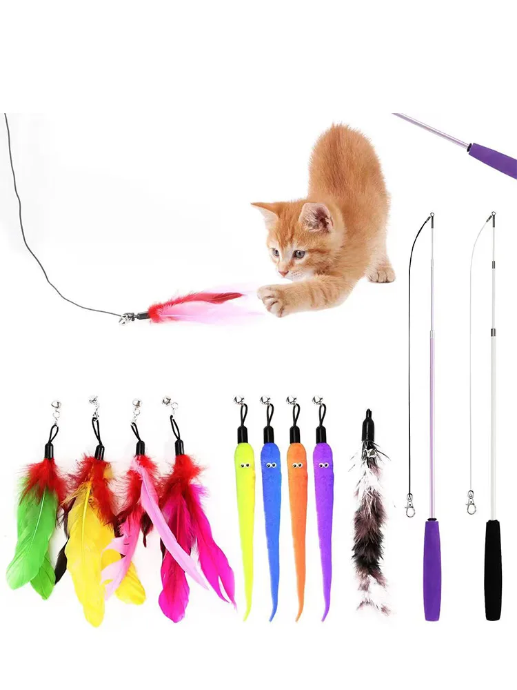 11pcs Cat Teasing Stick Plush Toy Feather Replacement Head Feather Toy Set Retractable Cat Stick Cat Products Chew Toy Set