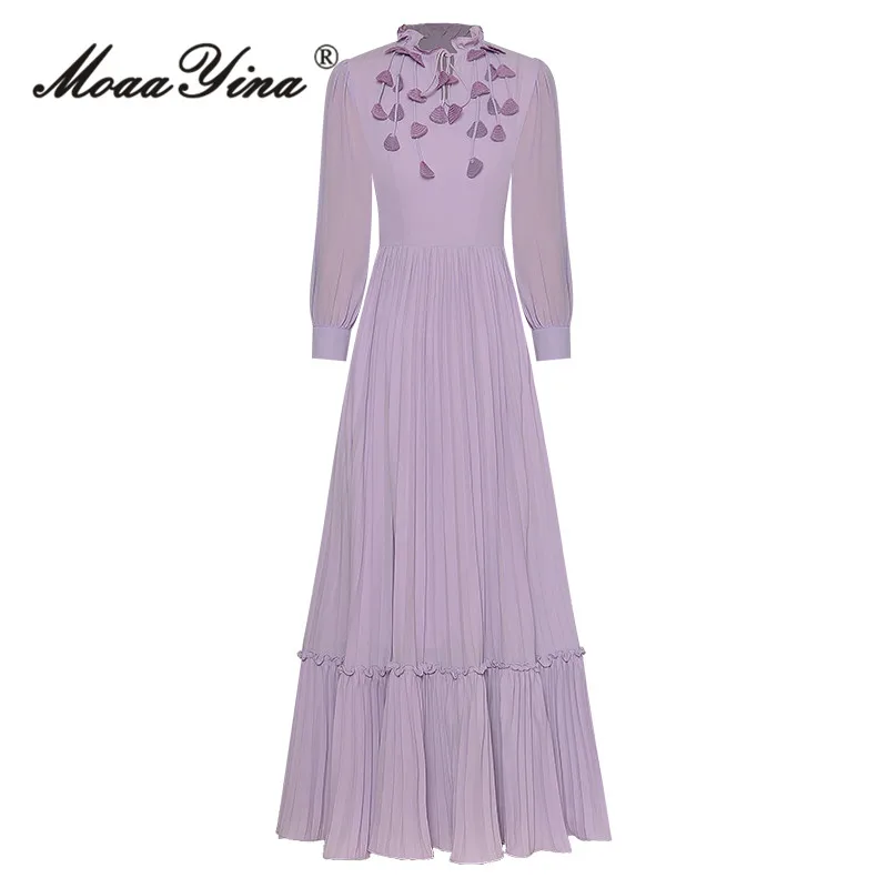 MoaaYina Summer Fashion Runway Purple Elegant Party Dress Women Stand Neck Frenulum Appliques Ruffles High Waist Slim Long Dress