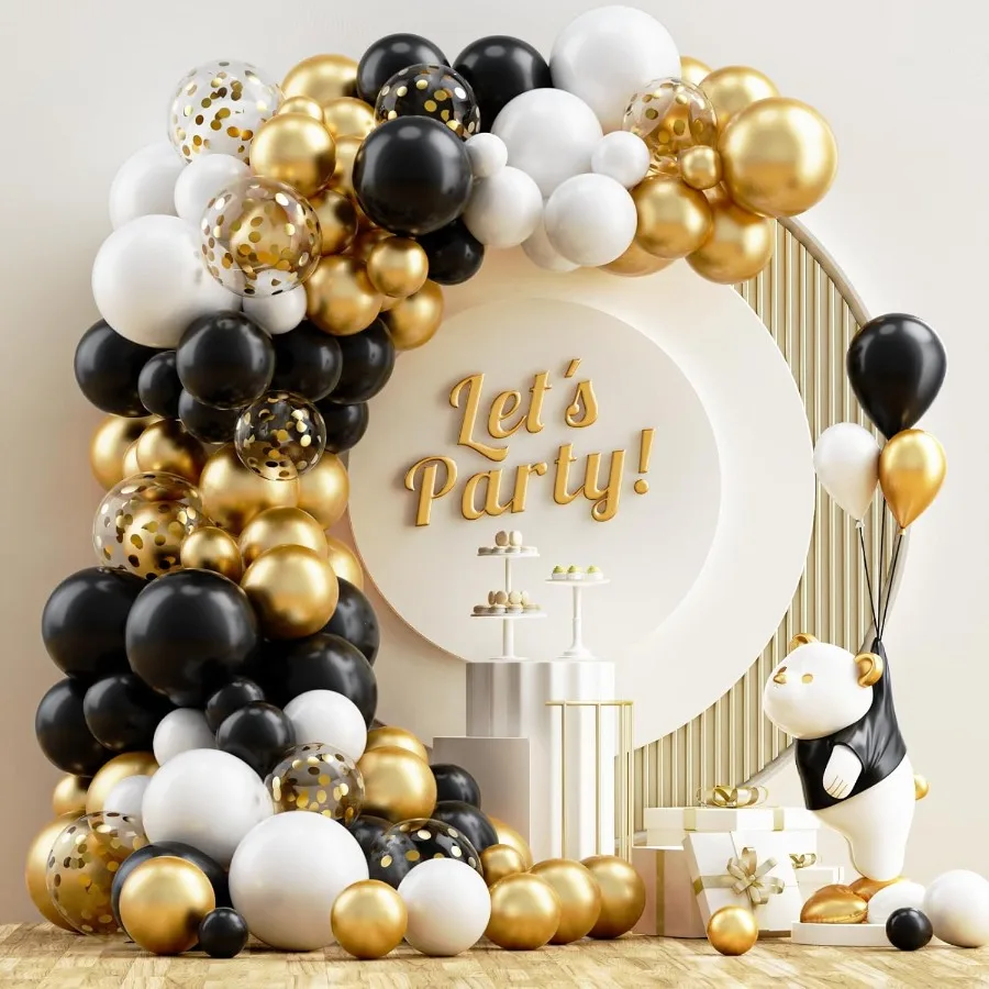 Black and Gold Balloons Garland Arch Kit 120PCS Black White Metallic Gold Balloons Arch Kit with Confetti Balloons for 2025 Gra